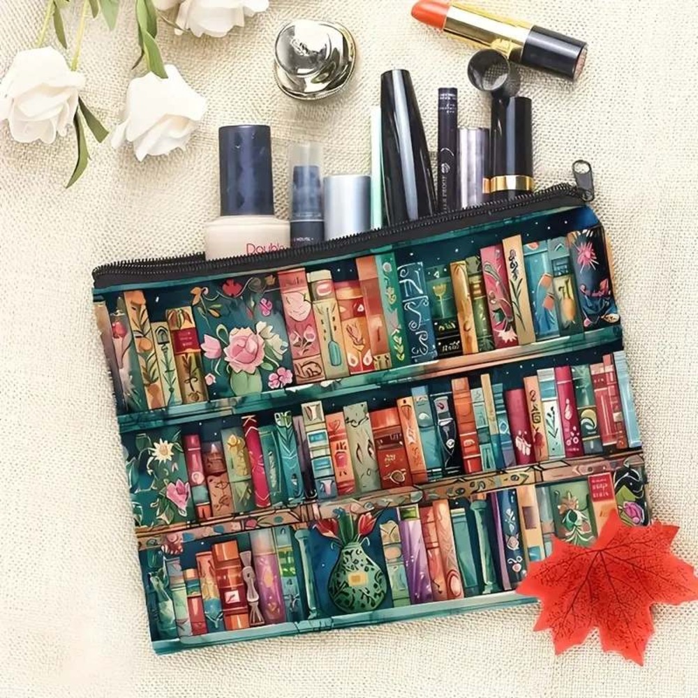 Bookshelf‎ Library Print Zipper Pouch Makeup Bag Dark Academia Literary Gift NEW
